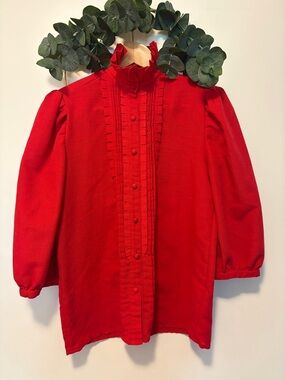 Vintage Hand Tailored Linen Blend Red Ruffle-Trim Blouse
